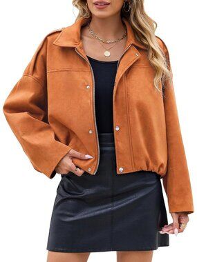 Women's Orange Faux Suede Cropped Bomber Jacket Fall Fashion Streetwear Jacket